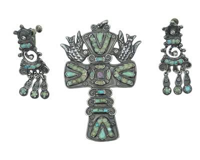 Lot 232 - A Mexican silver turquoise set cross pendant, and a pair of matching earrings.