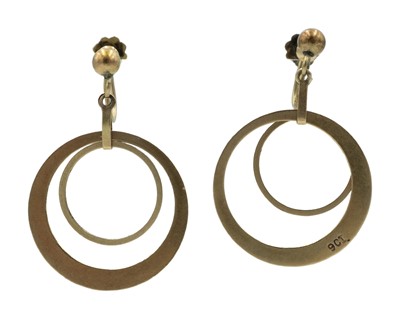 Lot 249 - A 9k pair of double hoop pendant earrings with screw back fittings.