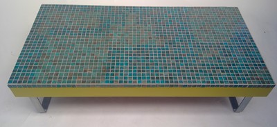 Lot 3233 - A hardwood and chrome tiled top coffee table....
