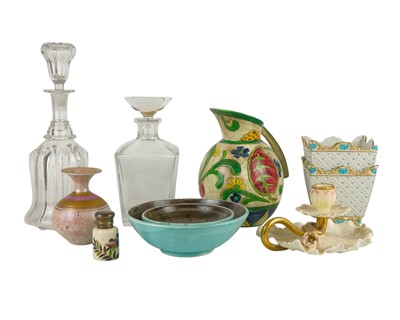 Lot 704 - Mixed ceramics, including a late Victorian silver mounted scent bottle.