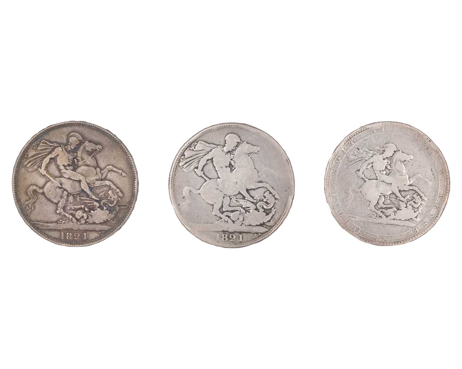 Lot 16 - GB - A George III 1818 crown coin, and two George IV 1821 crown coins.