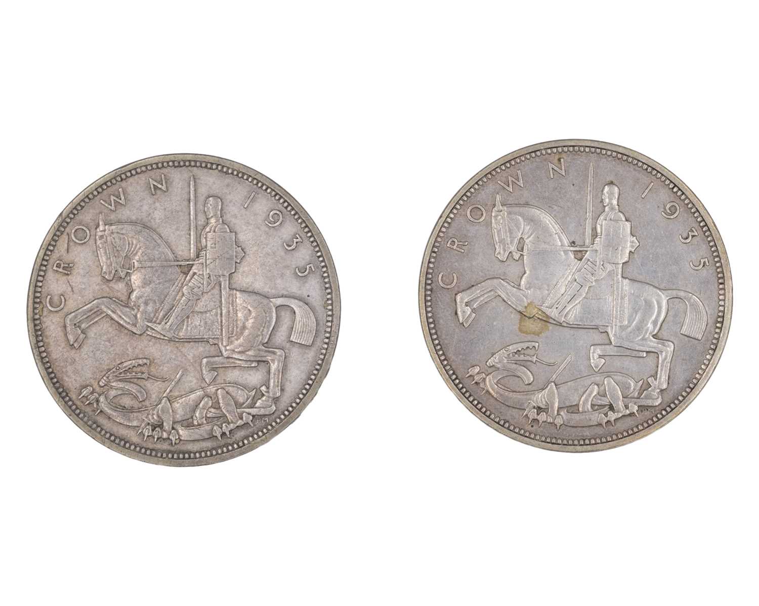 Lot 44 - GB - two George V 1935 'rocking horse' .500 silver crown coins.