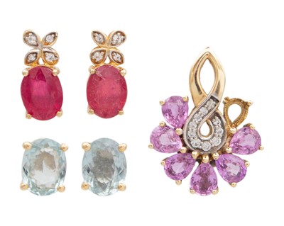 Lot 212 - A pair of 14k aquamarine set earrings, pair of 9k & zircon earrings, and a 9k pink stone & zircon pendant.