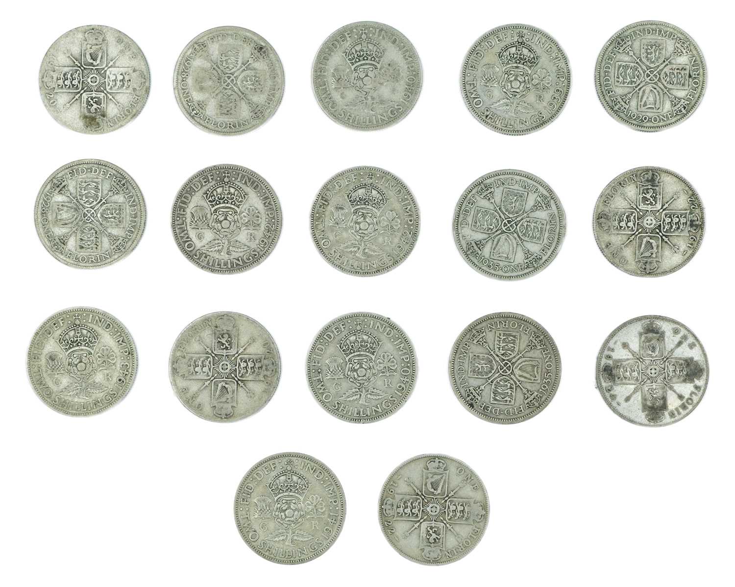 Lot 1 - GB - A collection of One Florin and Two Shilling .500 silver coins, George V-George VI.