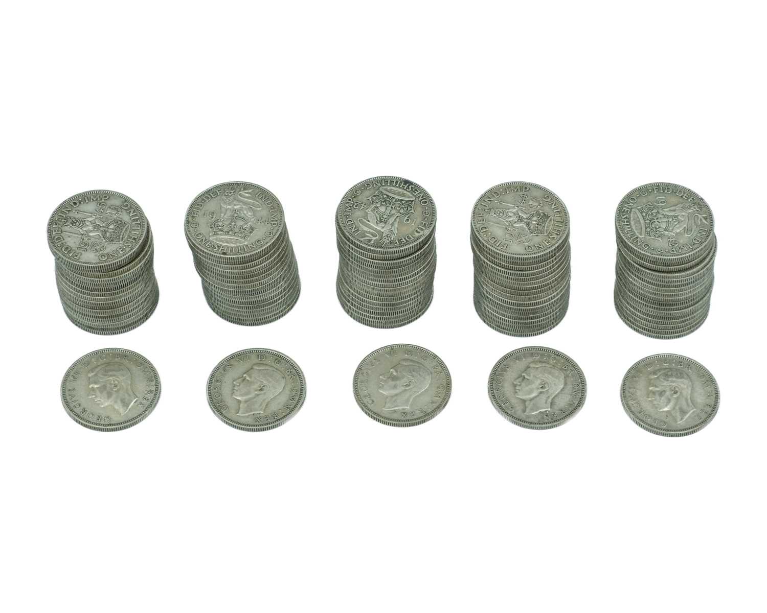 Lot 30 - GB - A large collection of George VI pre-1947, .500 silver, one shilling coins.