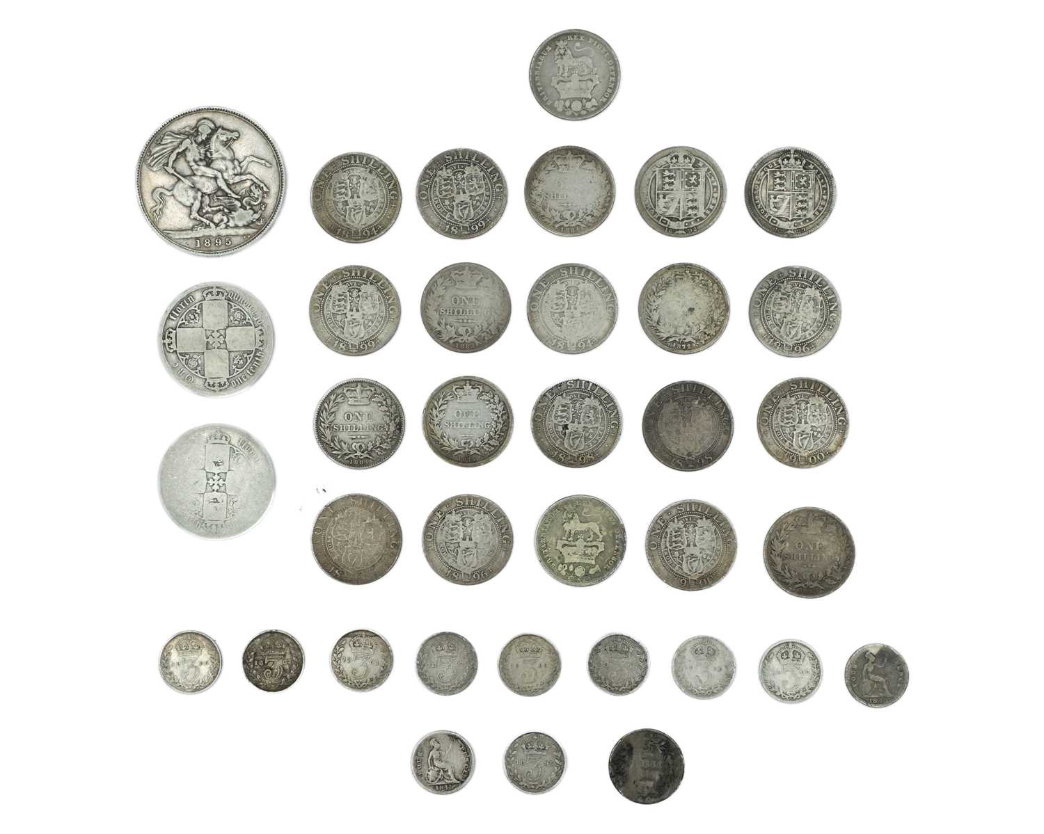Lot 12 - GB - A collection of Victoria silver coinage, including an 1895 crown, and two George IV shillings.