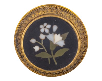 Lot 5 - A Victorian gold pietra dura floral decorated small circular brooch.