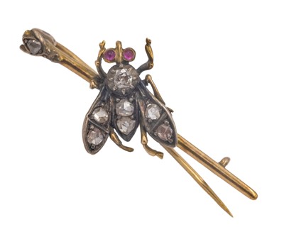 Lot A Victorian gold fly pin brooch, set with old-cut and rose-cut diamonds, and ruby cabochon eyes.