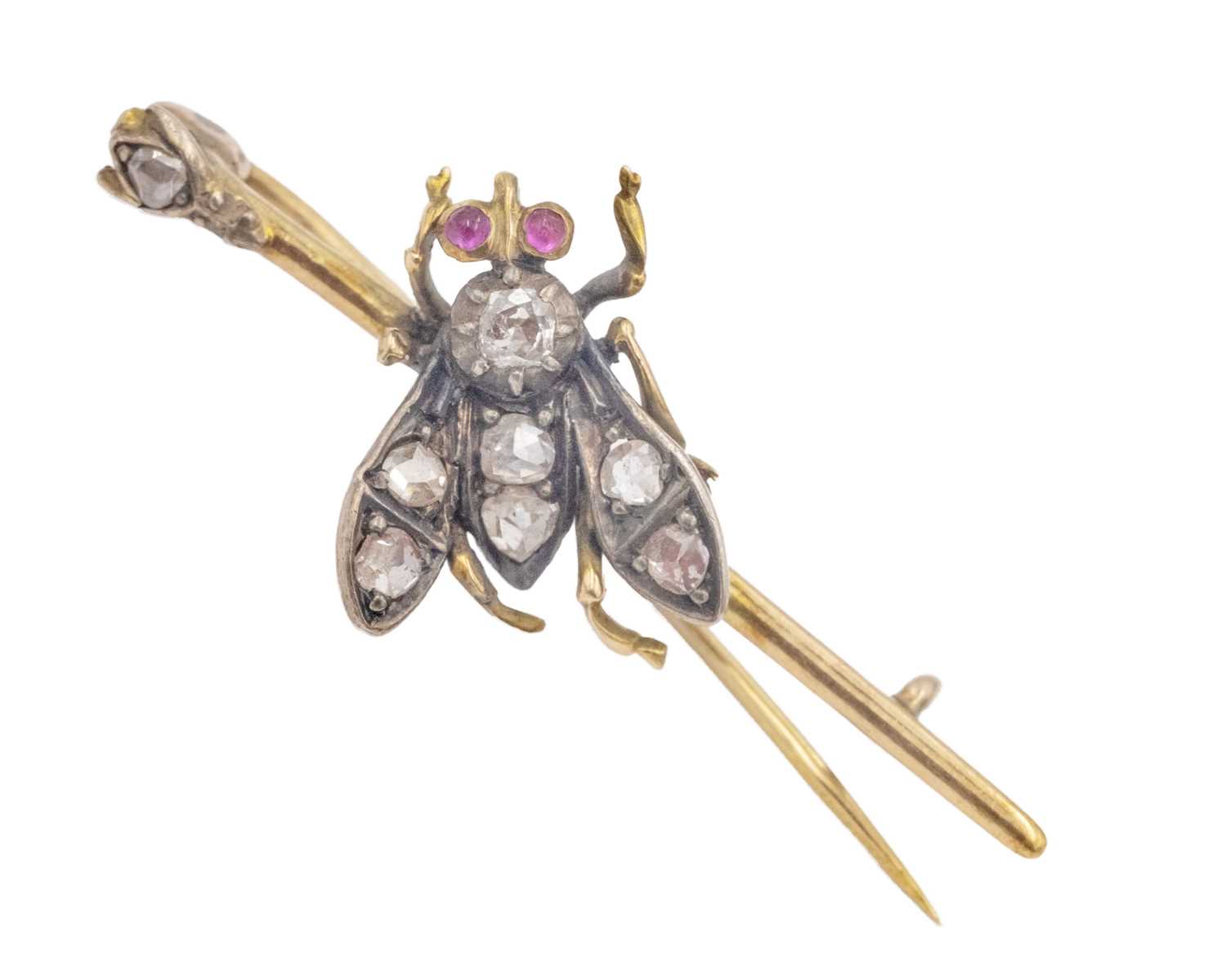 Lot 3 - A Victorian gold fly pin brooch, set with old-cut and rose-cut diamonds, and ruby cabochon eyes.
