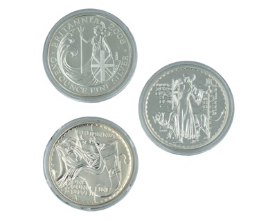 Lot 15 - GB - Three Britannia .999 fine silver one ounce coins.