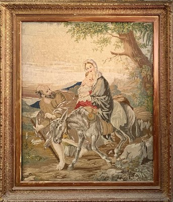 Lot 622 - A large 19th century Berlin woolwork panel, depicting 'The Flight into Egypt'.