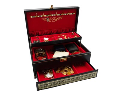 Lot 187 - A jewellery box, containing costume jewellery and fashion watches.