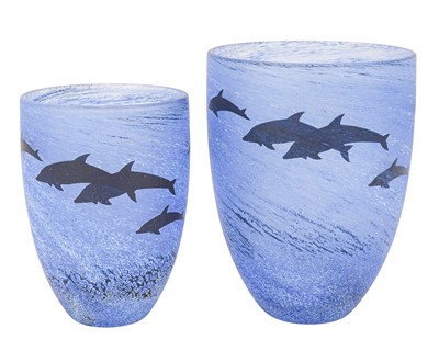 Lot 202 - Two Malcolm Sutcliffe cameo dolphin vases.