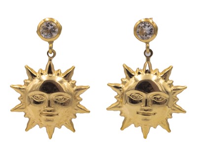 Lot 44 - An Italian 18k pair of sun design pendant earrings, set with cubic zirconia.