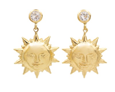 Lot 44 - An Italian 18k pair of sun design pendant earrings, set with cubic zirconia.