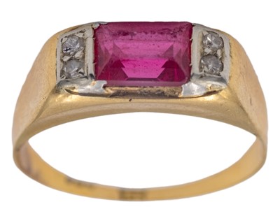 Lot 65 - A high-purity gold synthetic ruby and diamond set ring.