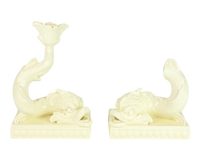 Lot 292 - A pair of Wedgwood creamware dolphin candlesticks.