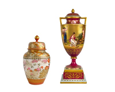 Lot 669 - A 'Vienna' porcelain vase, cover and stand, and a Kutani vase.