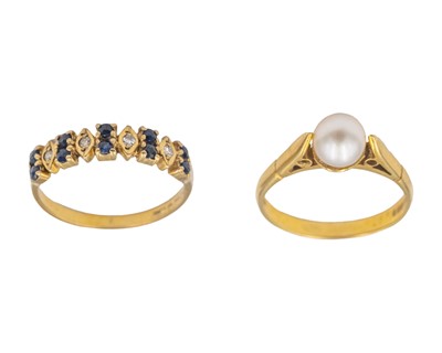 Lot 60 - Two 9k hallmarked gold rings, one is a diamond & sapphire set band, the other a pearl solitaire.
