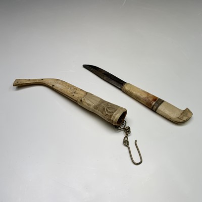 Lot 238 - An Inuit bone, horn and steel knife and sheath,...