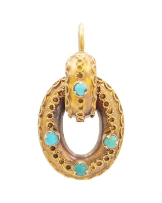 Lot 35 - A Victorian Etruscan Revival pendant earring, gold and set with turquoise cabochons.