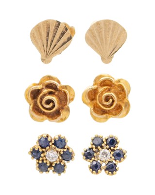 Lot 247 - A pair of 9k yellow-gold gemset stud earrings.
