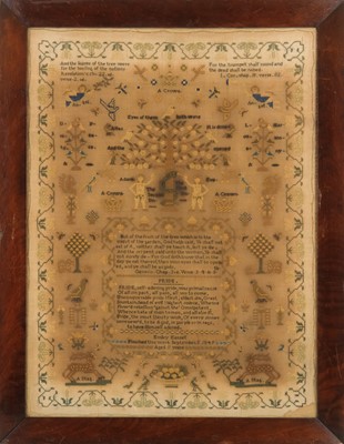 Lot 637 - A Victorian silk work Adam & Eve sampler by Emley Kessell, 1849.