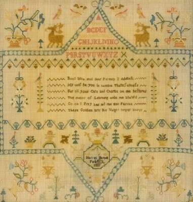 Lot 636 - A Regency silkwork sampler, by Harriet Barnes, Feb 1810.