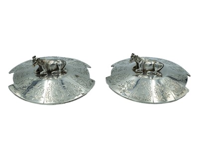 Lot 85 - Two Victorian dish tops with attractive cast seated cow finials.