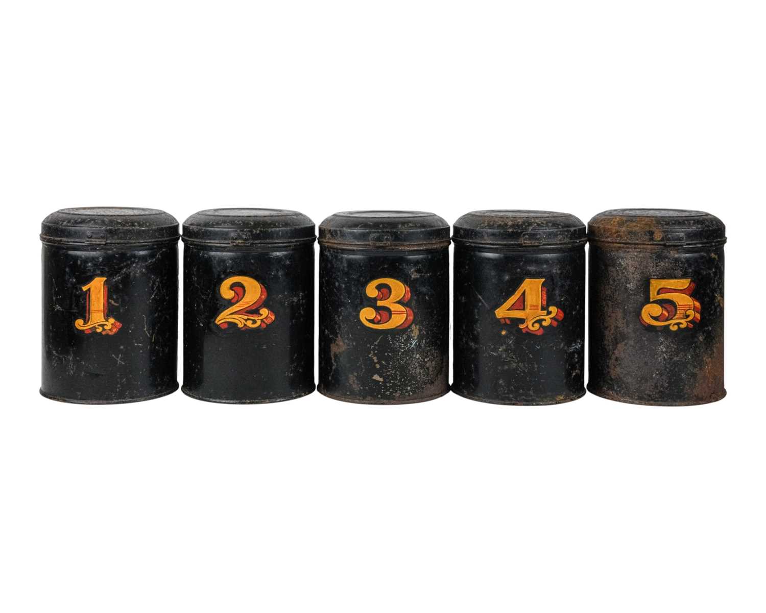 Lot 23 - A suite of five black painted tin tea canisters.