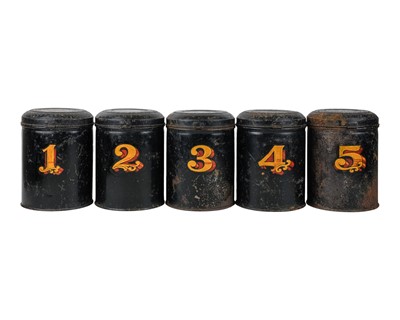 Lot 23 - A suite of five black painted tin tea canisters.