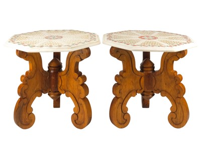 Lot 537 - A pair of Indian white marble and scagliola inlaid occasional table tops.