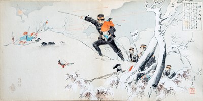 Lot 527 - A Japanese colour woodblock triptych print, after Mizuno Toshikata.