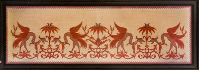Lot 635 - An embroidered panel of large proportions, with mythical bird decoration.