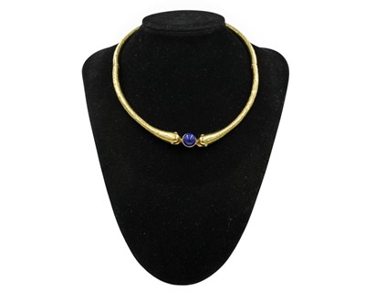 Lot 15 - A modern high-purity gold choker, set with lapis lazuli and diamonds.