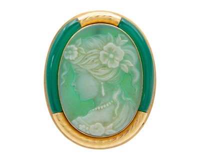 Lot An 18k Italian chrysoprase cameo oval brooch and pair of earrings suite.