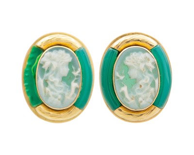 Lot An 18k Italian chrysoprase cameo oval brooch and pair of earrings suite.