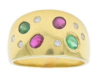 Lot 66 - A modern high-purity gold etoile set diamond, emerald and ruby set band ring and earring suite.