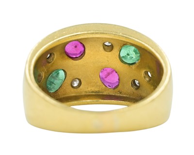 Lot 66 - A modern high-purity gold etoile set diamond, emerald and ruby set band ring and earring suite.