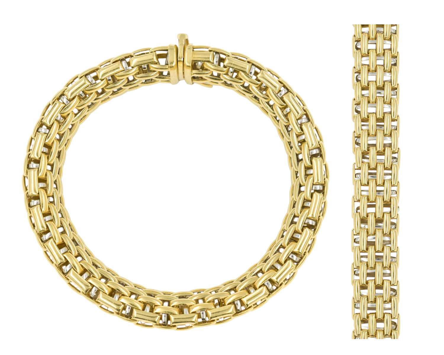 Lot 108 - FOPE - An Italian 18k bi-colour gold articulated brick-link bracelet.