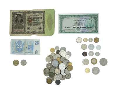 Lot 6 - WORLD COINS - A selection of world coins, including a little silver, and three banknotes.