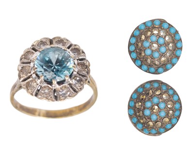 Lot 104 - A blue zircon & white stone set white gold dress ring, & a pair of silver turquoise set clip earrings.