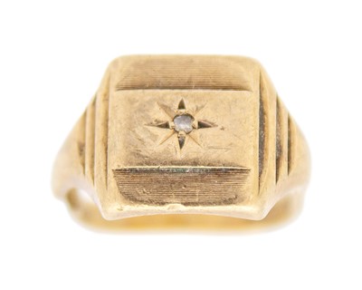 Lot 222 - A 9k yellow gold and diamond signet ring.