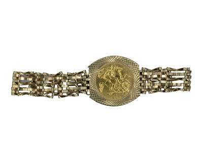 Lot 39 - A 9k yellow gold bracelet, mounted with a half-sovereign.