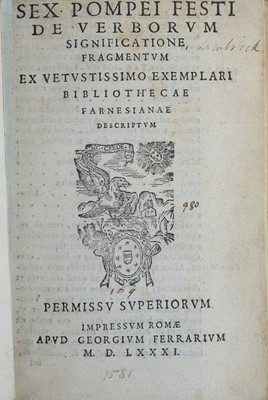 Lot 11 - (16th Century Rome Printing) Sextus Pompeius Festus