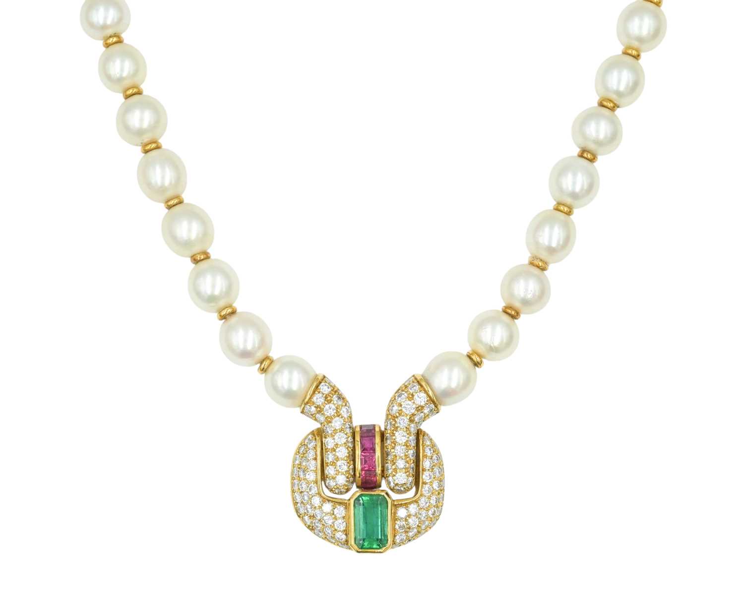 Lot 86 - An impressive pearl necklace, with heavy 18k pavé diamond, ruby & tourmaline set sculptural pendant.