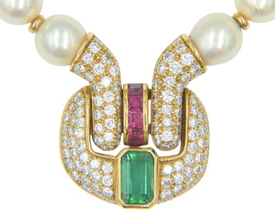 Lot 86 - An impressive pearl necklace, with heavy 18k pavé diamond, ruby & tourmaline set sculptural pendant.
