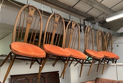 Lot 3215 - A set of six Ercol medium elm swan back dining...