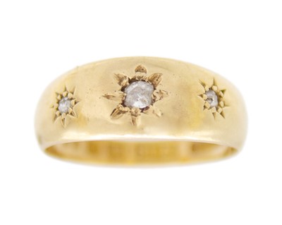 Lot 123 - A Victorian 18k diamond set three-stone gypsy ring.