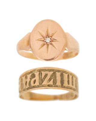 Lot 213 - A Victorian 9k yellow gold 'Mizpah' ring.